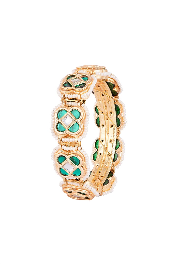 Gold Finish Semi-Precious White & Green Jadtar Bangle by Just Jewellery at Pernia's Pop Up Shop