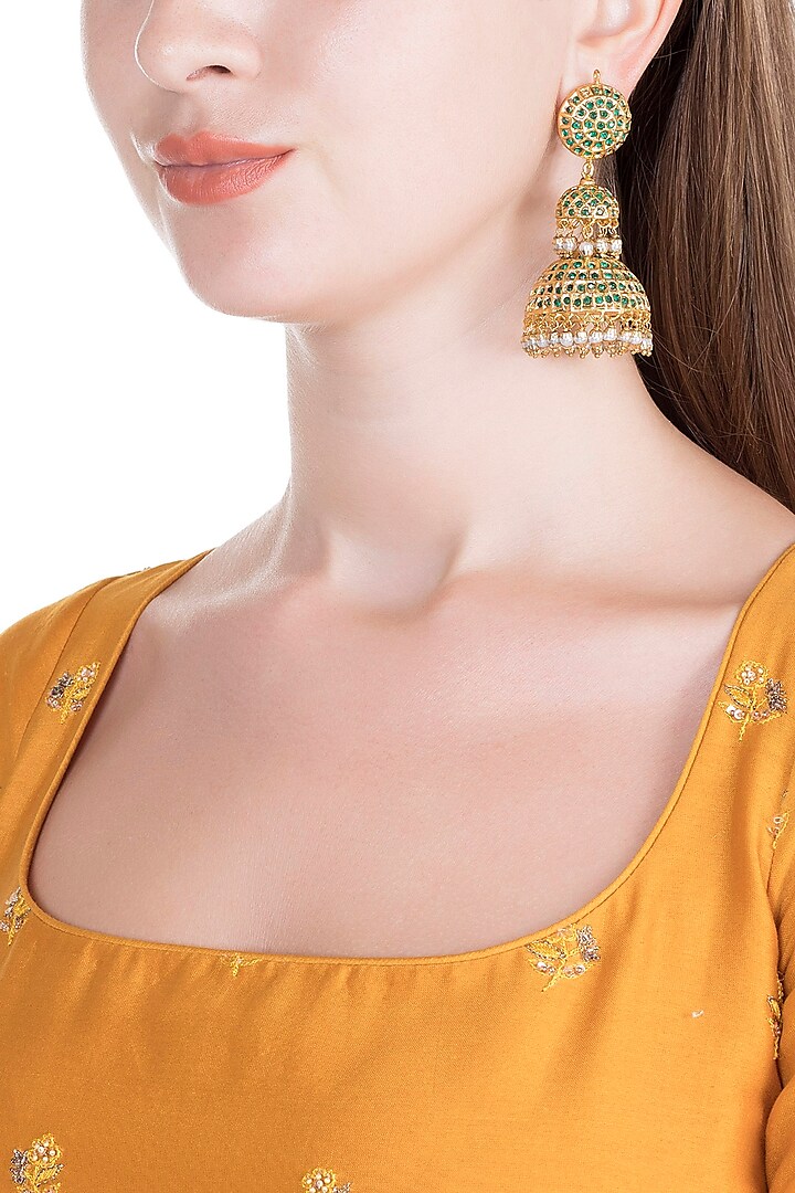 Gold Finish Semi-Precious Green Stones Jadtar Jhumka Earrings by Just Jewellery