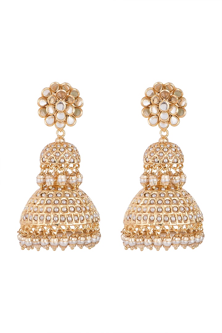 Gold Finish Pacchi Jadtar Semi-Precious Moti Jhumka Earrings by Just Jewellery at Pernia's Pop Up Shop