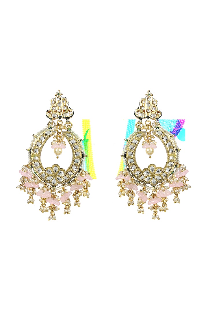 Gold Finish Semi-Precious Blush Pink Drop Chandbaali Earrings by Just Jewellery