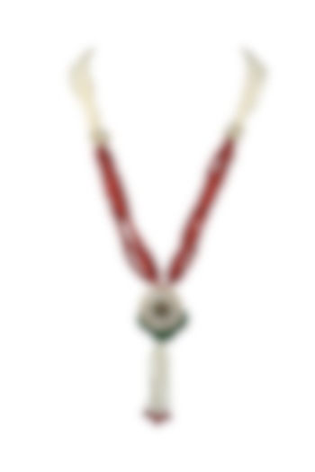 Gold Finish Coral Beaded & Emerald Stone Long Necklace by Just Jewellery