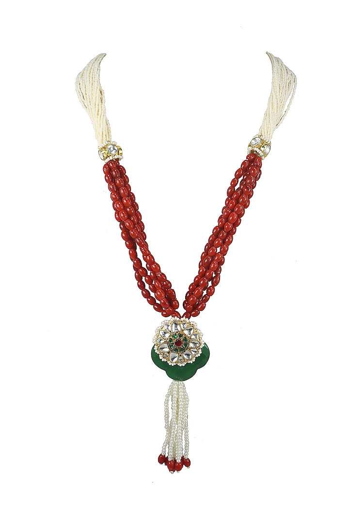Gold Finish Coral Beaded & Emerald Stone Long Necklace by Just Jewellery