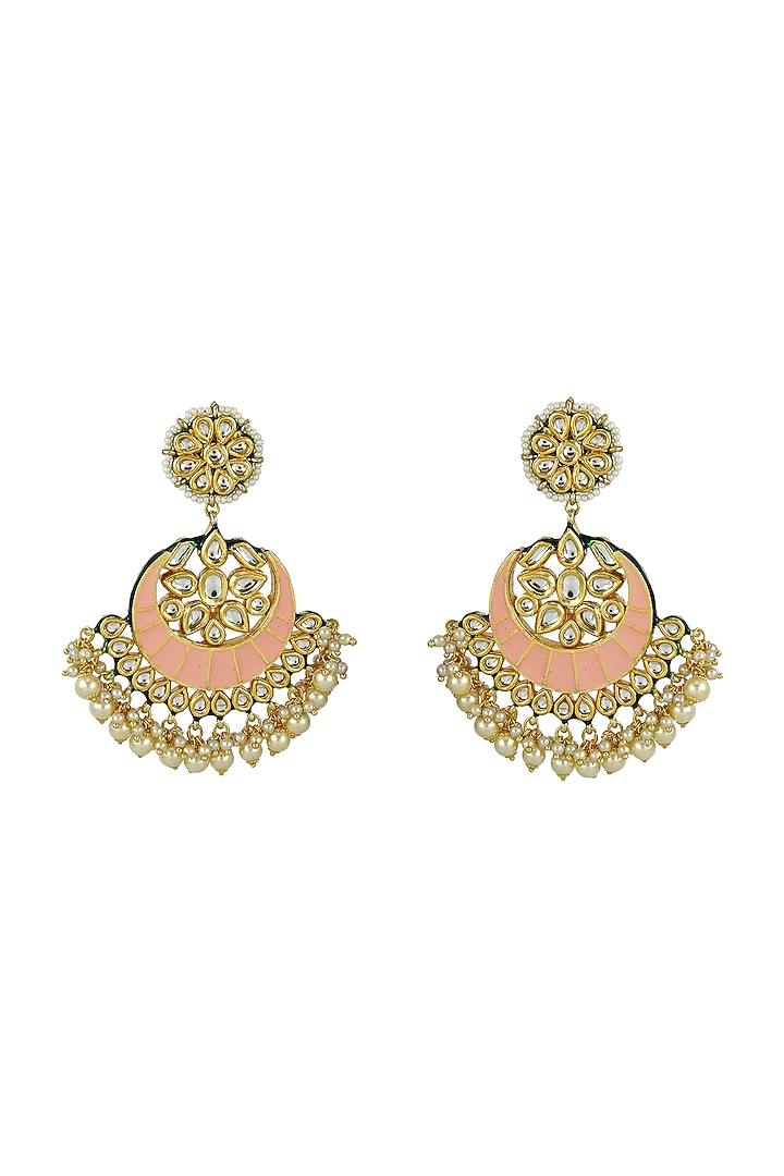 Gold Finish Peach Meenakari Kundan Polki Chandbali Earrings by Just Jewellery at Pernia's Pop Up Shop