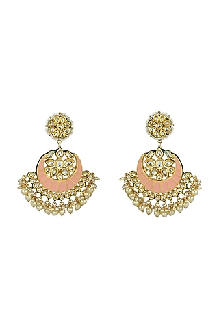 Gold Finish Peach Meenakari Kundan Polki Chandbali Earrings by Just Jewellery