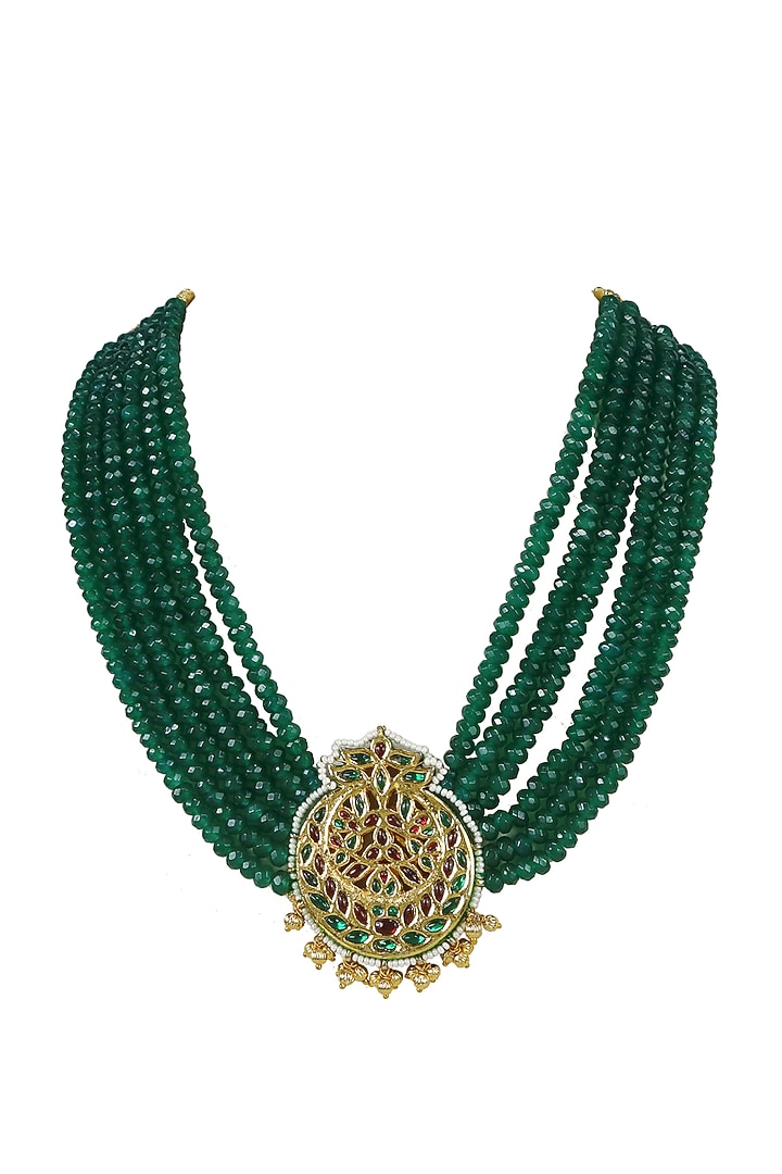 Gold Finish Kundan Polki & Beaded Pendant Necklace by Just Jewellery at Pernia's Pop Up Shop