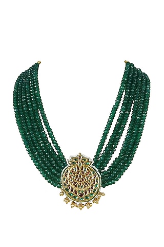 Gold Finish Kundan Polki & Beaded Pendant Necklace by Just Jewellery