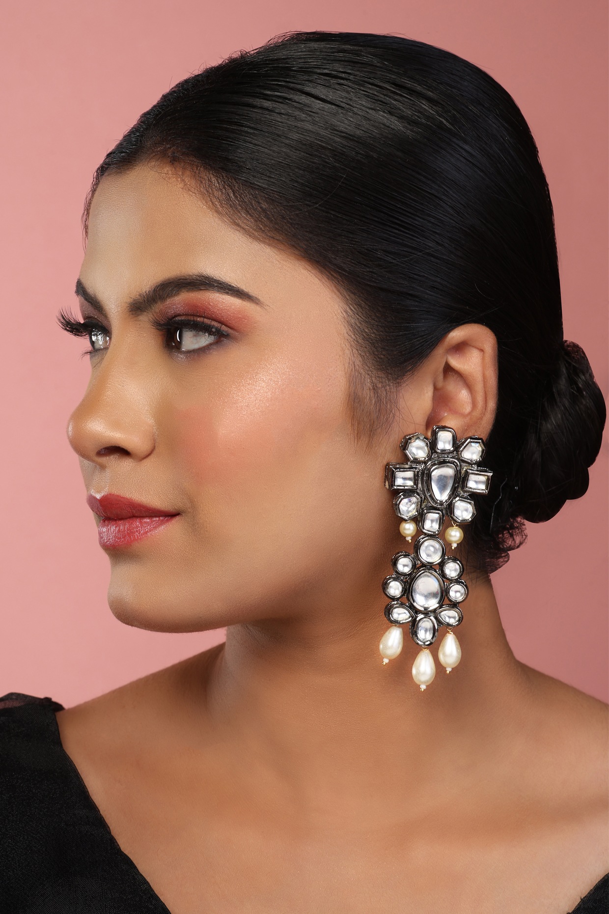 Just Jewellery Black Rhodium Finish Kundan Polki Layered Dangler Earrings