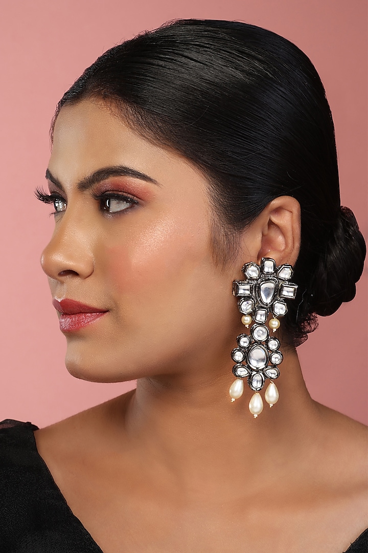 Black Rhodium Finish Kundan Polki Layered Dangler Earrings by Just Jewellery at Pernia's Pop Up Shop