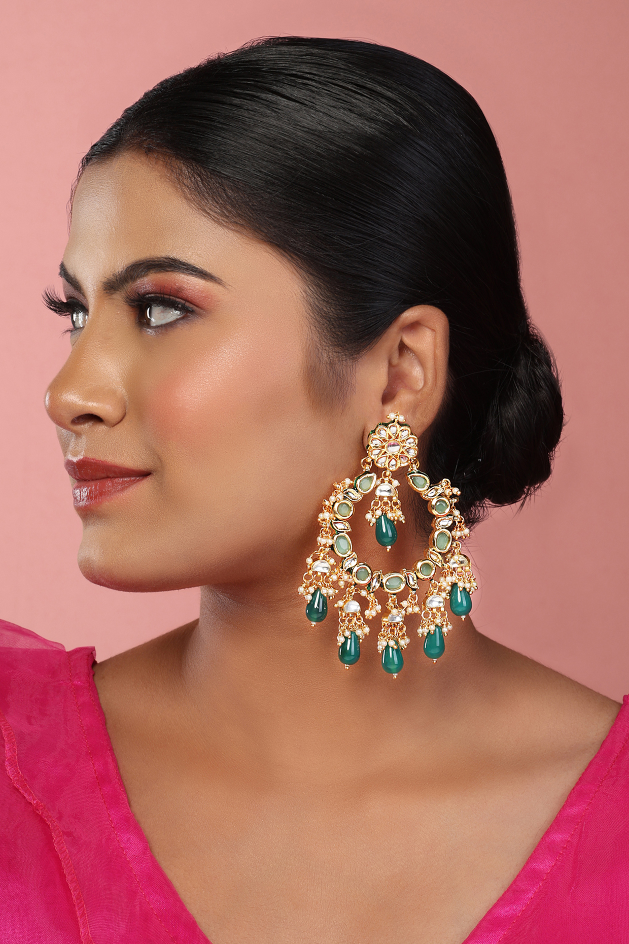 Gold Finish Kundan Polki & Green Beaded Chandbaali Earrings by Just Jewellery at Pernia's Pop Up Shop