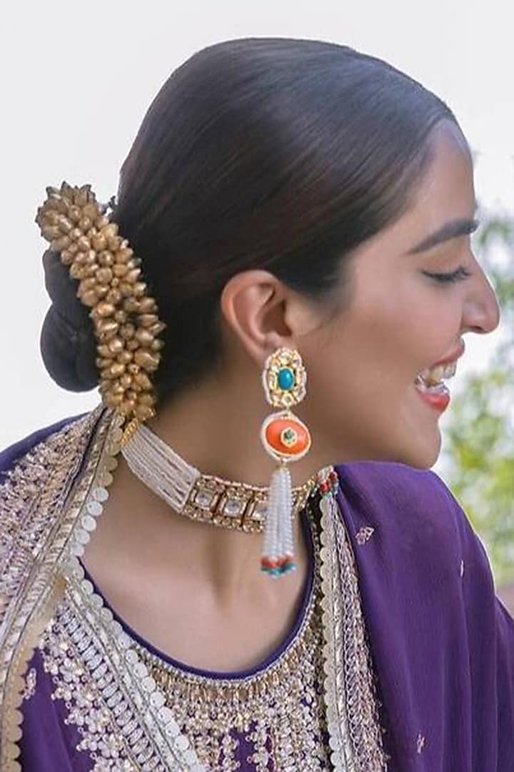 Gold Finish Kundan Polki & Pearl Tassel Earrings by Just Jewellery at Pernia's Pop Up Shop
