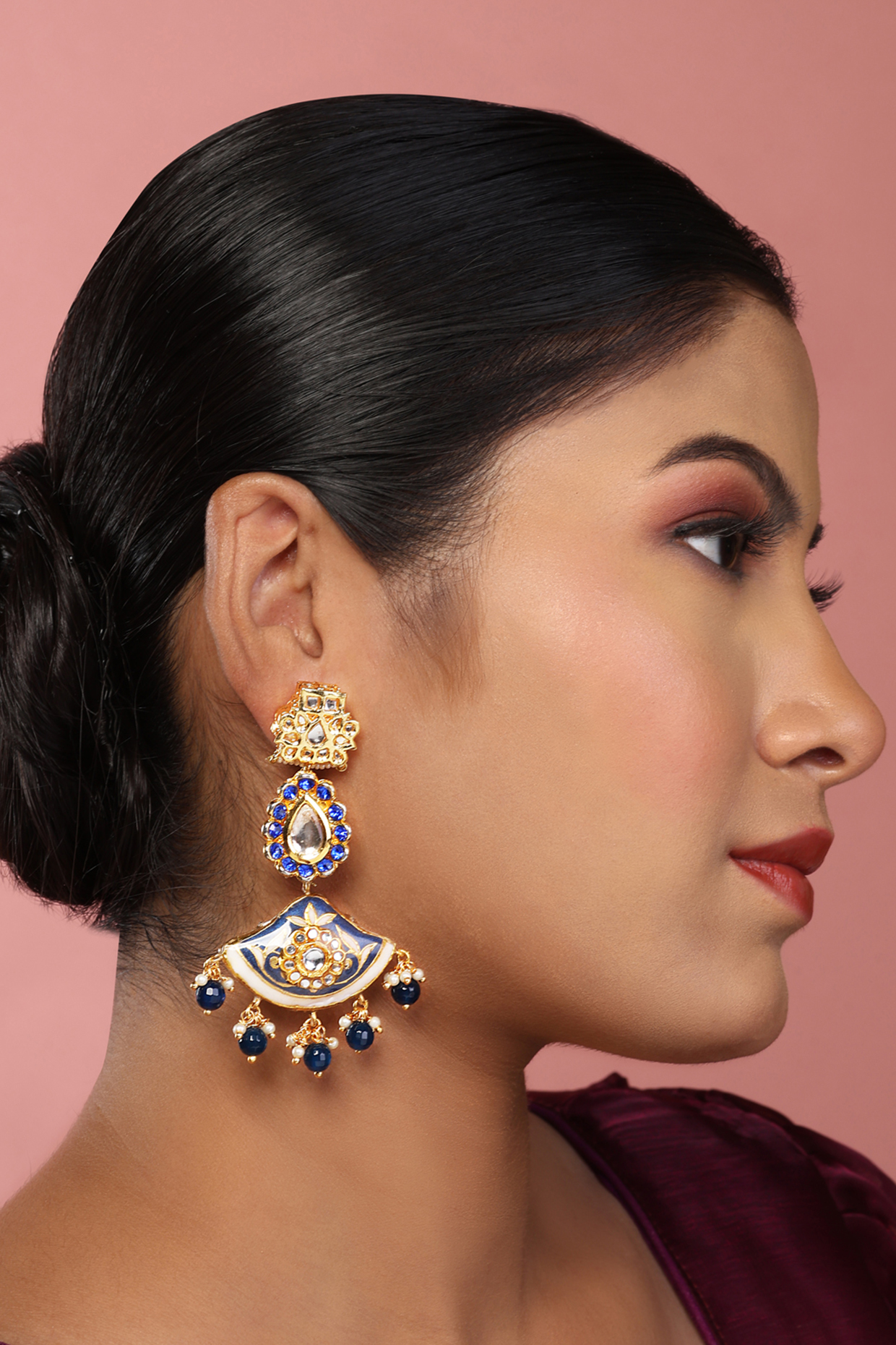 Gold Finish Kundan Polki Meenakari Dangler Earrings by Just Jewellery at Pernia's Pop Up Shop