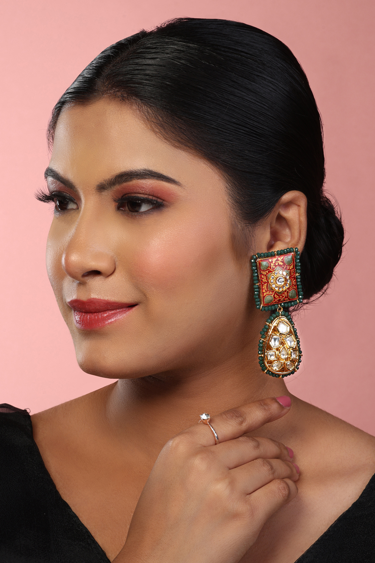 Gold Finish Kundan Polki Meenakari Dangler Earrings by Just Jewellery at Pernia's Pop Up Shop