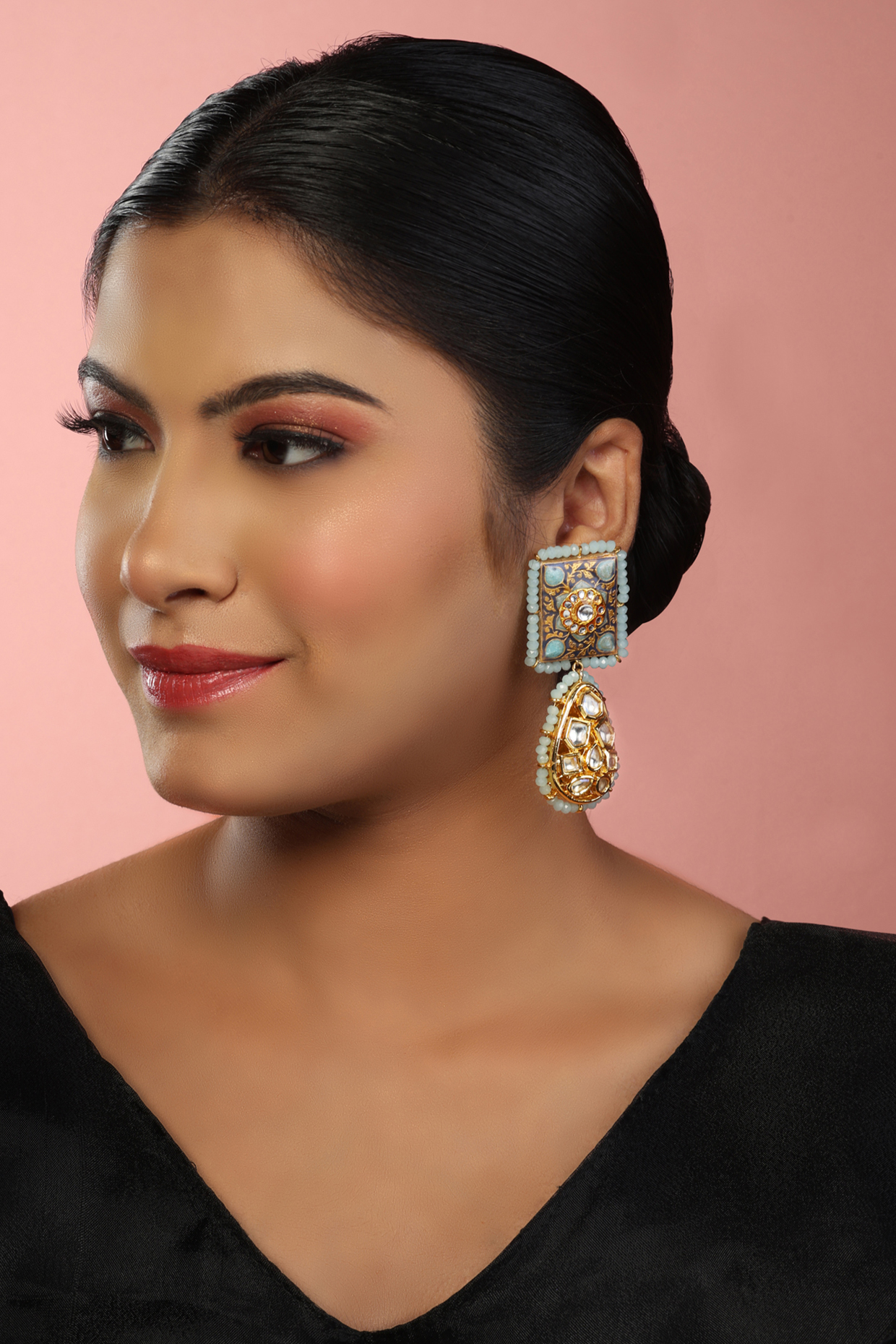 Gold Finish Kundan Polki Meenakari Dangler Earrings by Just Jewellery at Pernia's Pop Up Shop