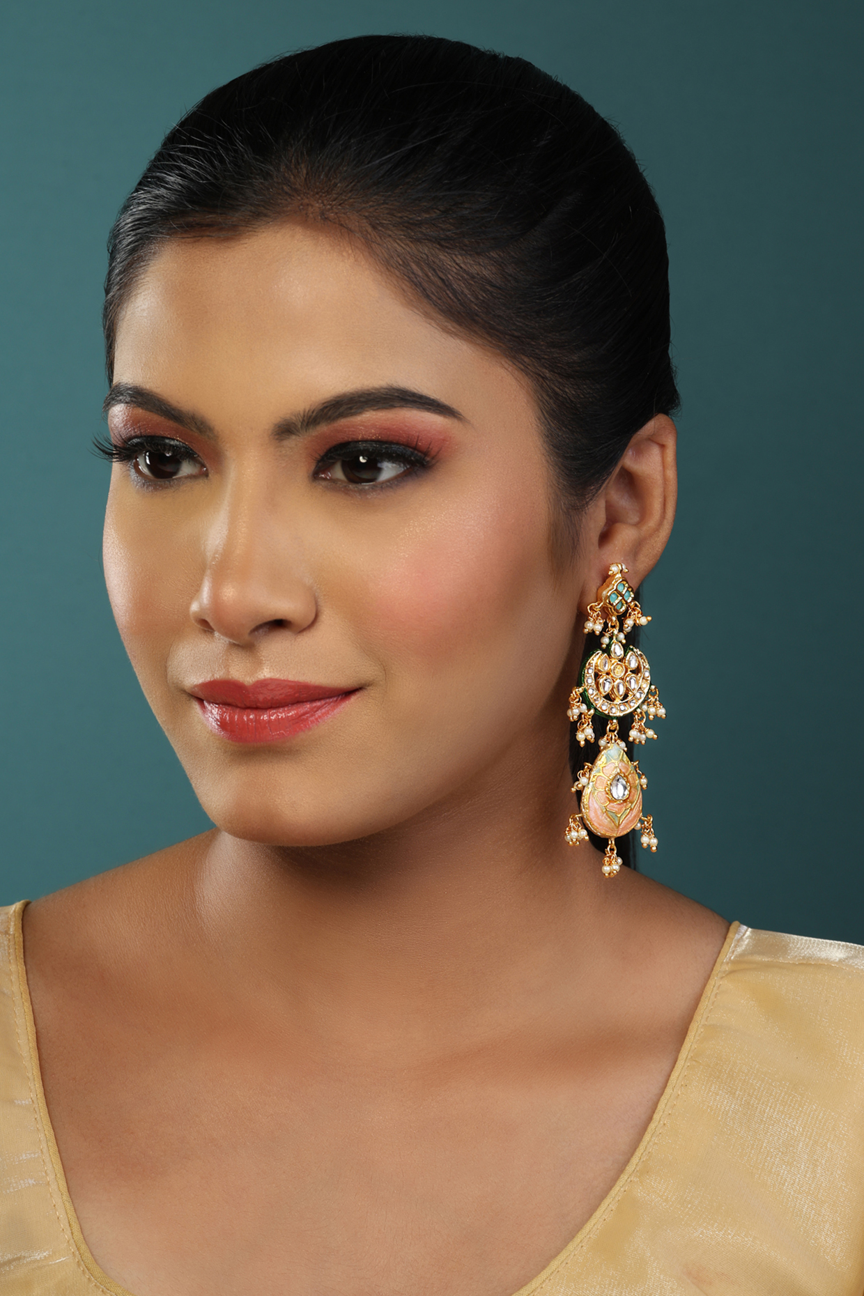 Gold Finish Kundan Polki Meenakari Layered Dangler Earrings by Just Jewellery at Pernia's Pop Up Shop
