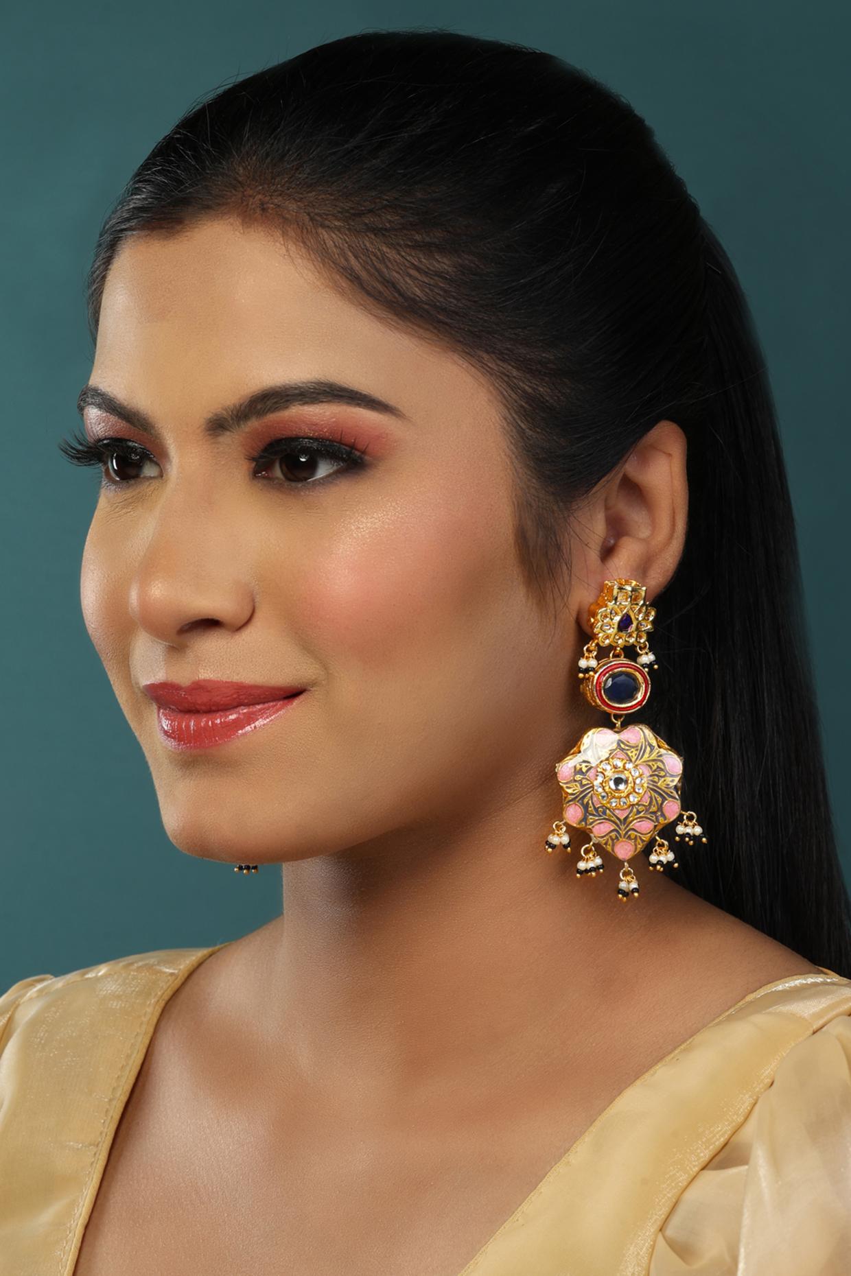 Gold Finish Kundan Polki Meenakari Layered Dangler Earrings by Just Jewellery at Pernia's Pop Up Shop