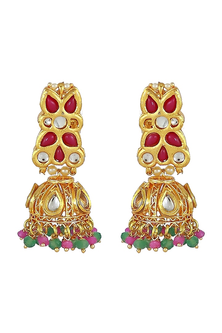 Gold Finish Kundan Polki Jhumka Earrings by Just Jewellery