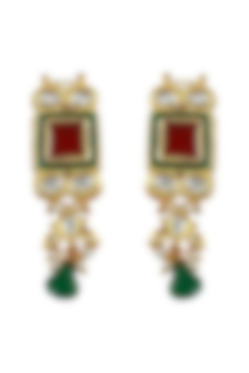 Gold Finish Red Stone & Kundan Polki Earrings by Just Jewellery