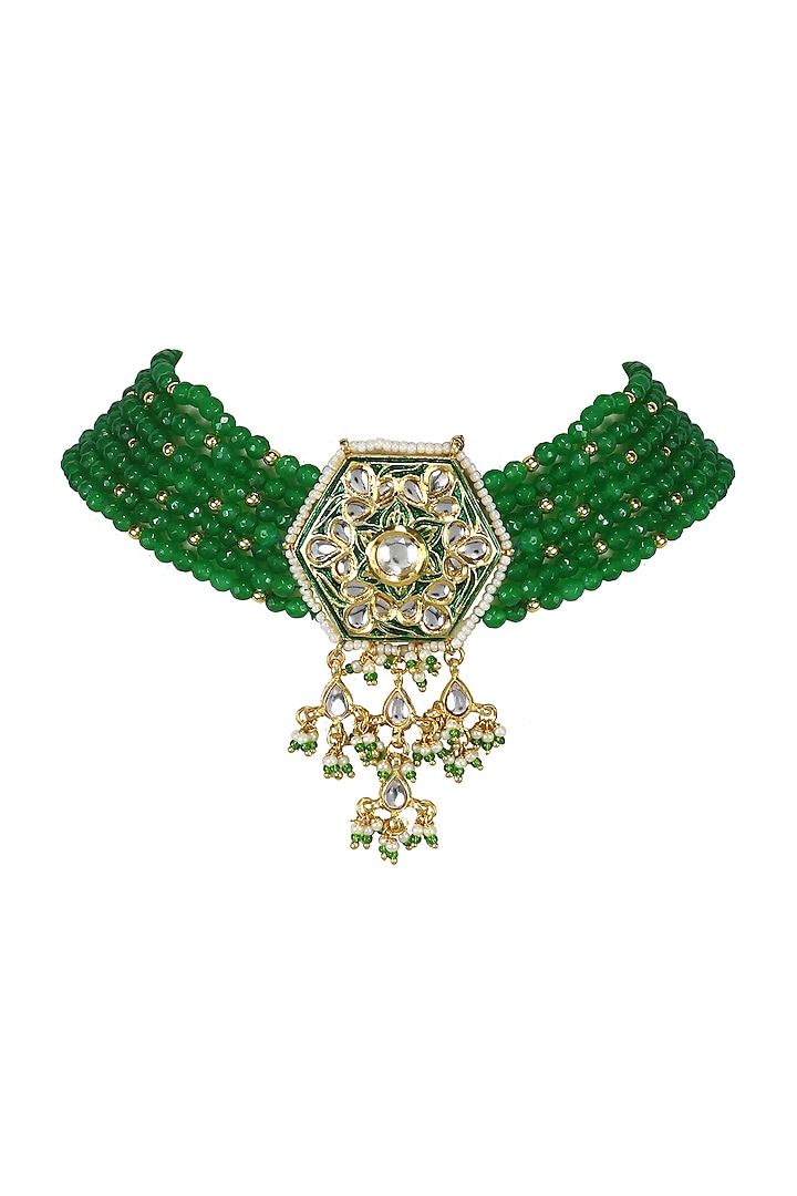 Gold Finish Green Bead & Kundan Polki Choker Necklace by Just Jewellery