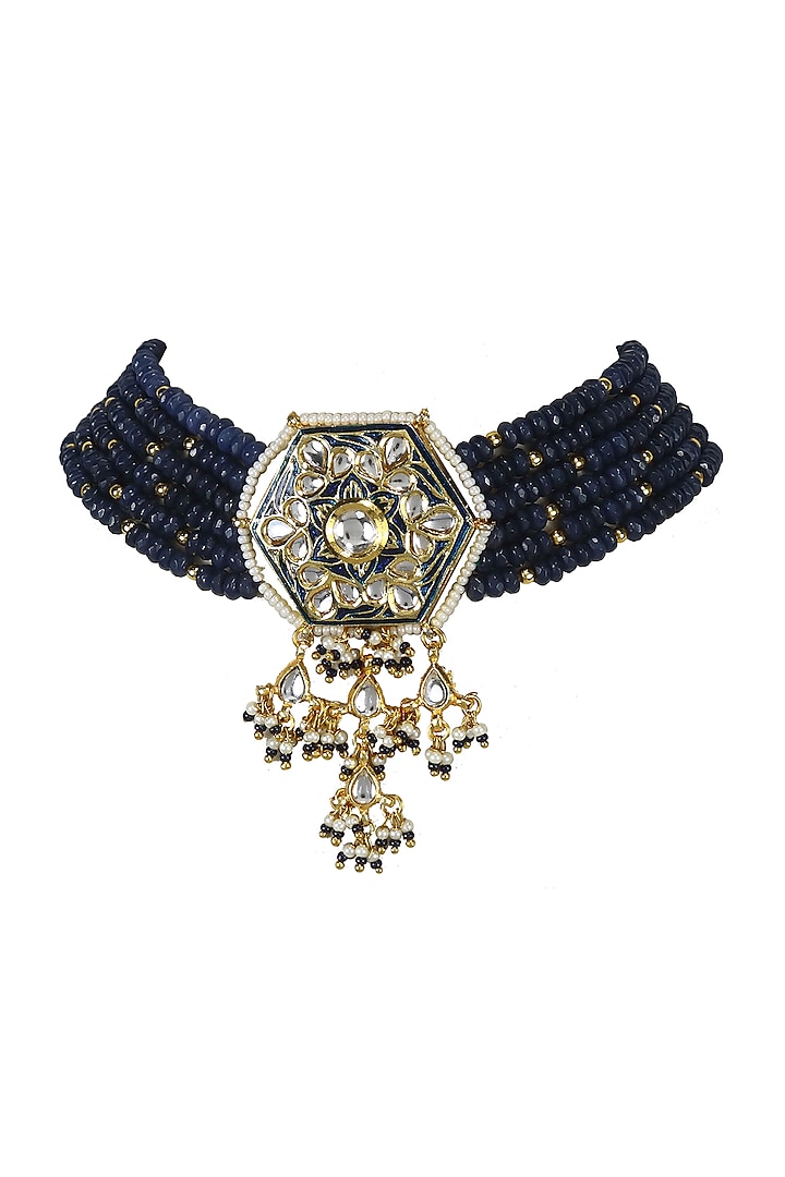 Gold Finish Blue Bead & Kundan Polki Choker Necklace by Just Jewellery