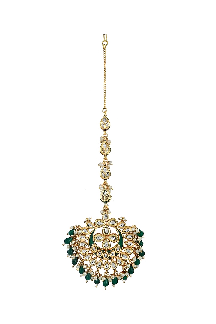 Gold Finish Green Meenakari Maang Tikka by Just Jewellery at Pernia's Pop Up Shop