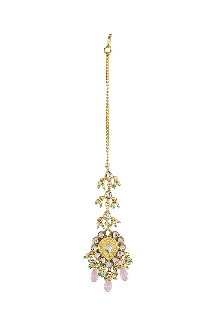 Gold Finish Pink Drop Maang Tikka by Just Jewellery