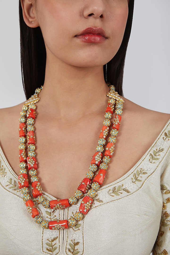 Gold Finish Coral Stone Mala by Just Jewellery