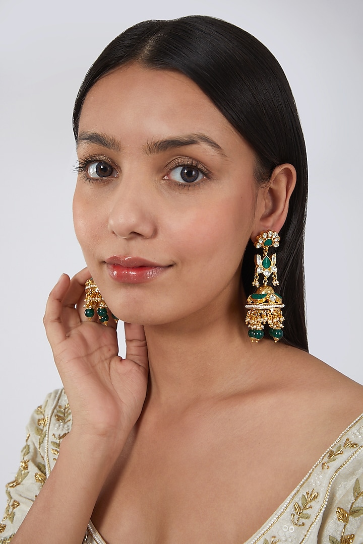 Gold Finish Green Stone Jhumka Earrings by Just Jewellery