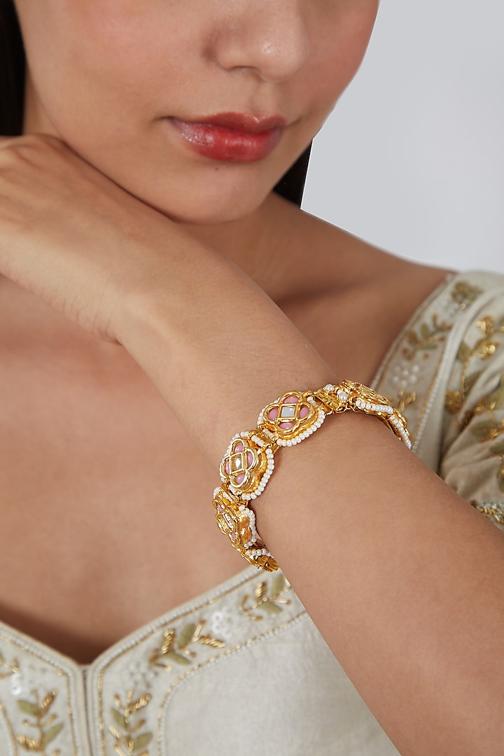 Gold Finish Square Jadtar Stone Bangle by Just Jewellery