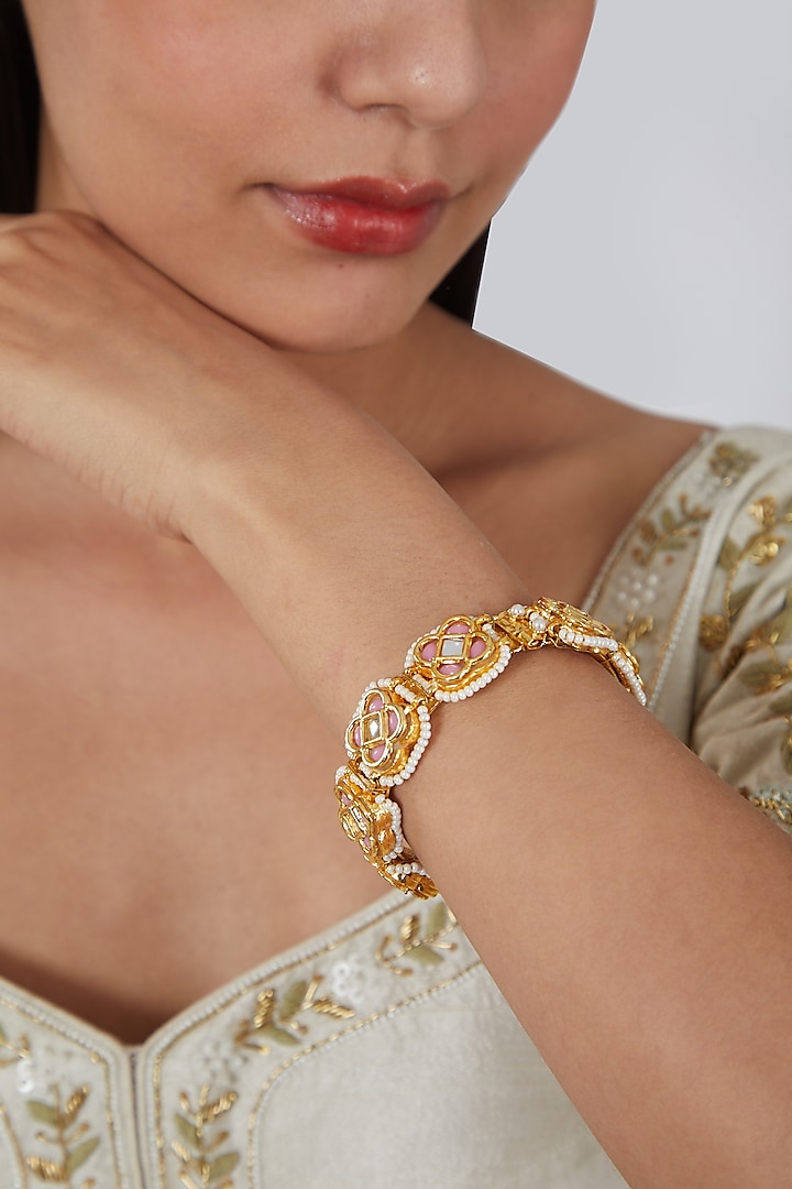 Gold Finish Square Jadtar Stone Bangle by Just Jewellery at Pernia's Pop Up Shop