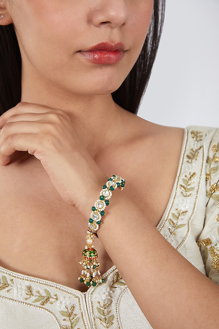 Gold Finish Green Beaded Bangle by Just Jewellery