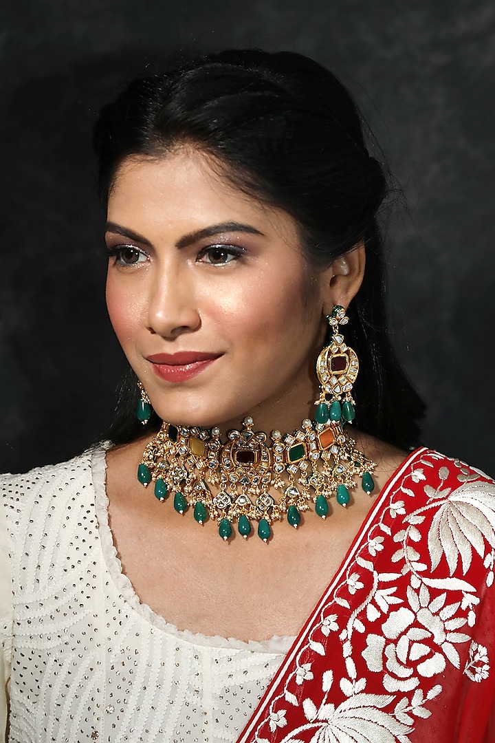Gold Finish Navratna Jadtar Stones Choker Necklace by Just Jewellery