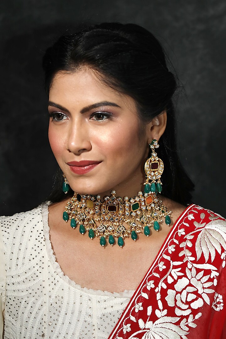Gold Finish Pearls & Ruby Chandbali Earrings by Just Jewellery