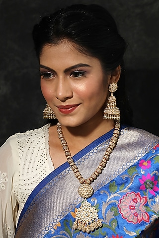 Gold Finish Moti Jhumka Earrings by Just Jewellery
