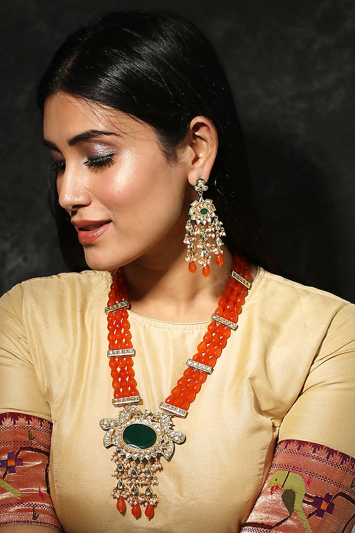 Gold Finish Jadtar Stones & Kundan Earrings by Just Jewellery