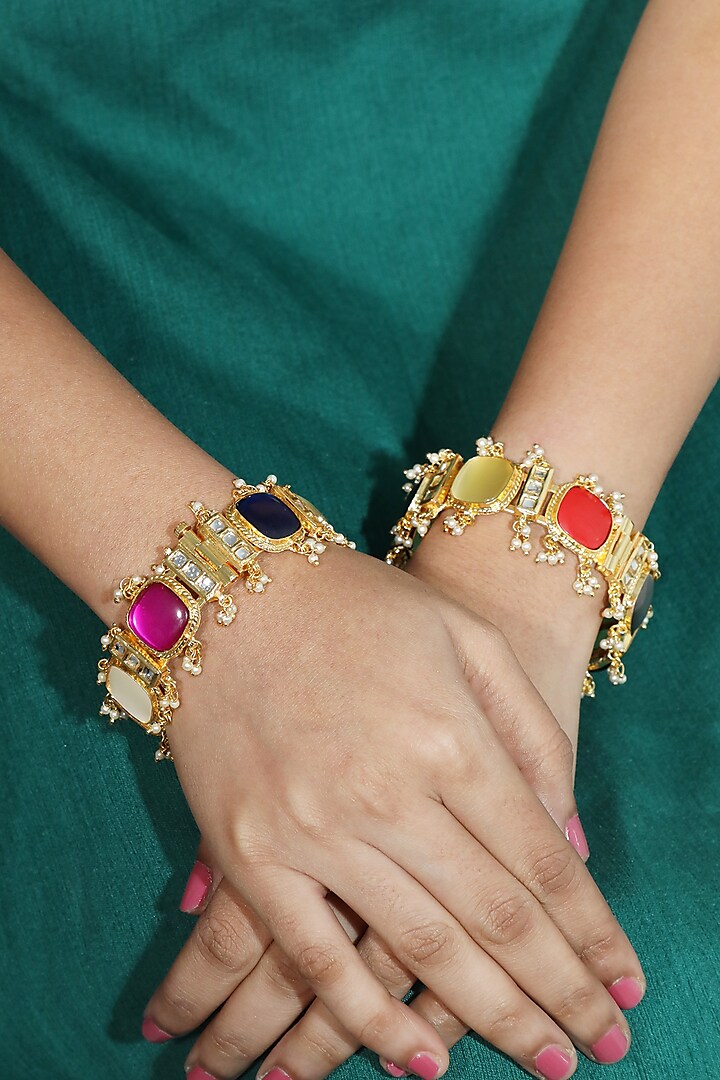 Gold Finish Navratan Kundan Bangle by Just Jewellery