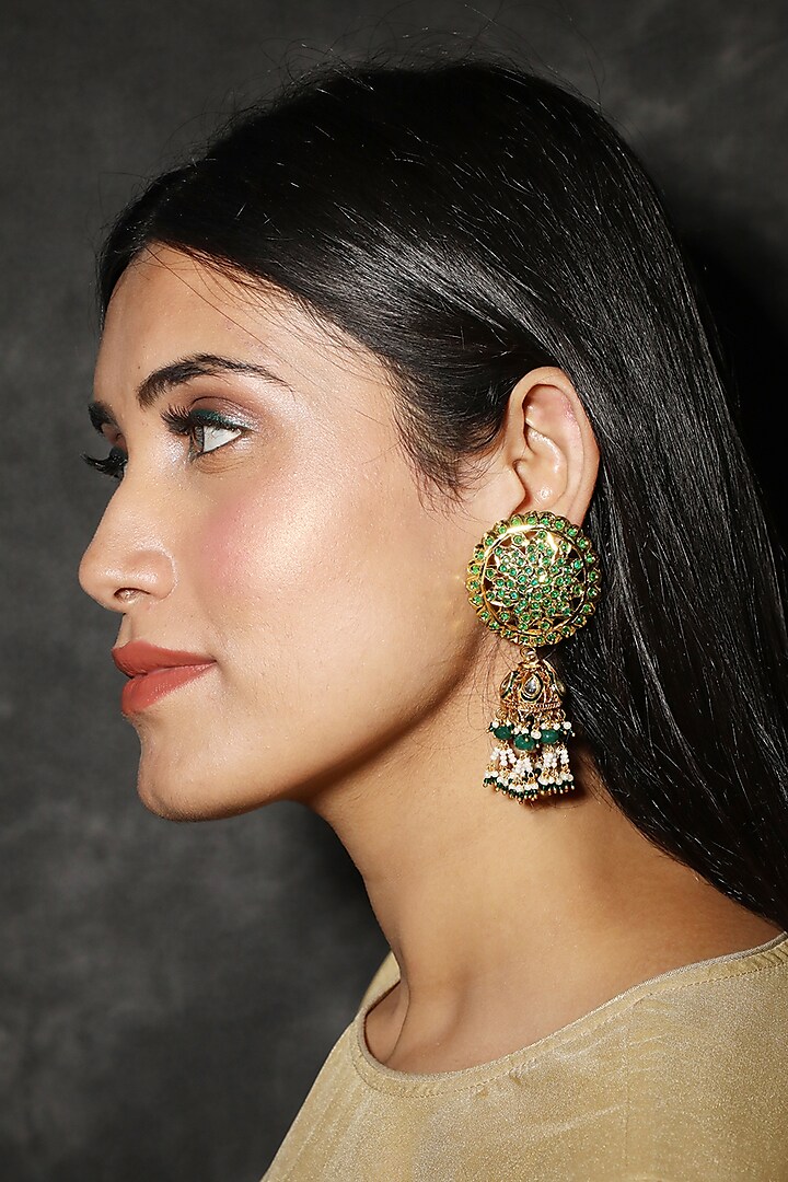Gold Finish Pearls & Jadtar Jhumka Earrings by Just Jewellery
