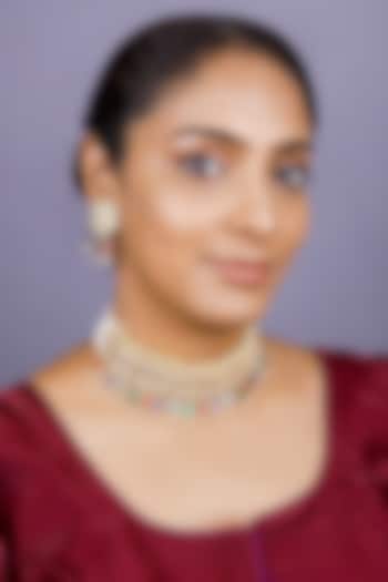 Gold Finish Kundan Polki & Navratna Stone Choker Necklace Set by Just Jewellery at Pernia's Pop Up Shop