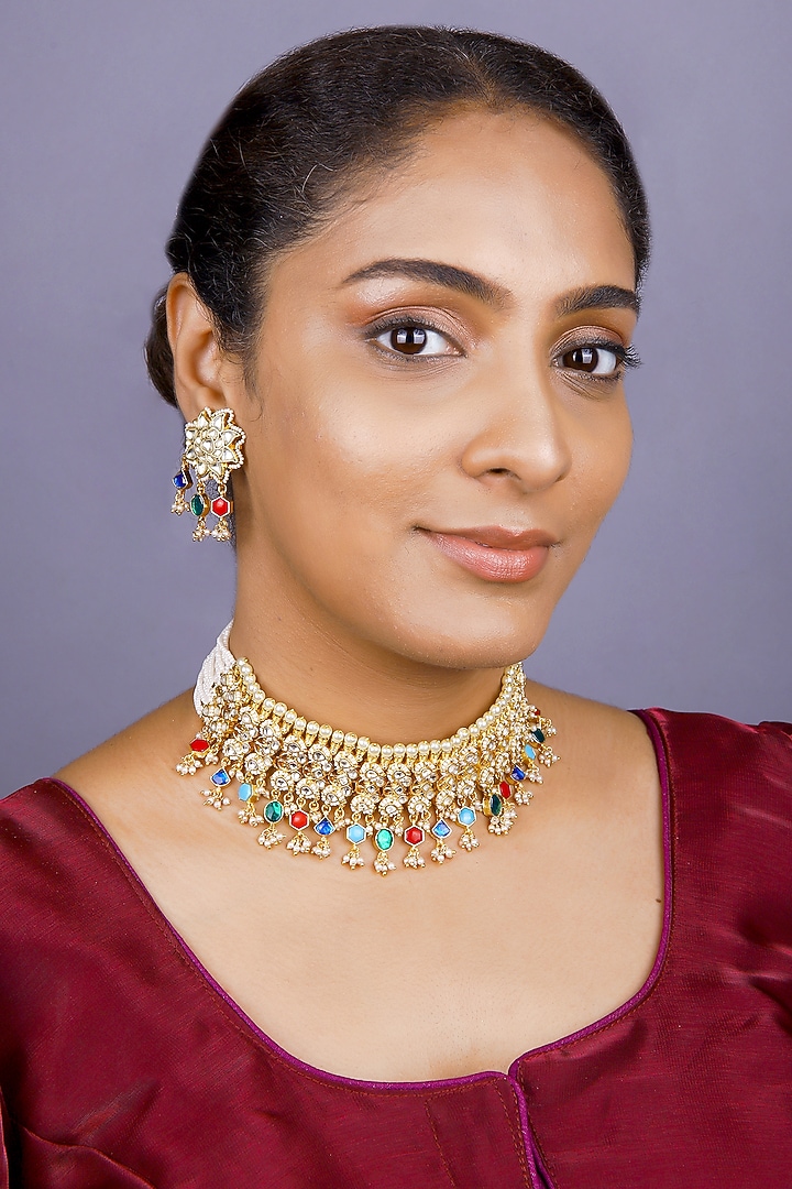 Gold Finish Kundan Polki & Navratna Stone Choker Necklace Set by Just Jewellery at Pernia's Pop Up Shop