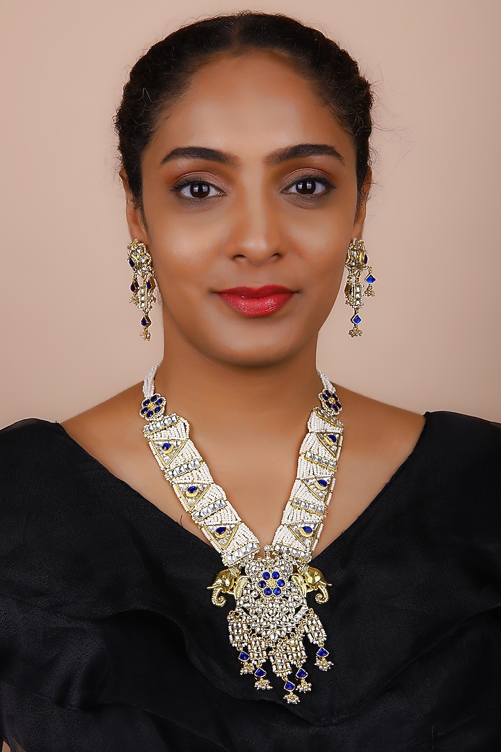 Gold Finish Blue Kundan Polki Long Necklace Set by Just Jewellery at Pernia's Pop Up Shop