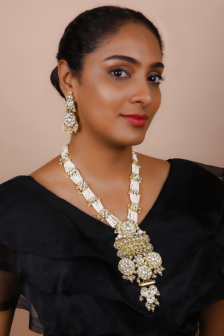 Gold Finish Kundan Polki Long Necklace Set by Just Jewellery at Pernia's Pop Up Shop