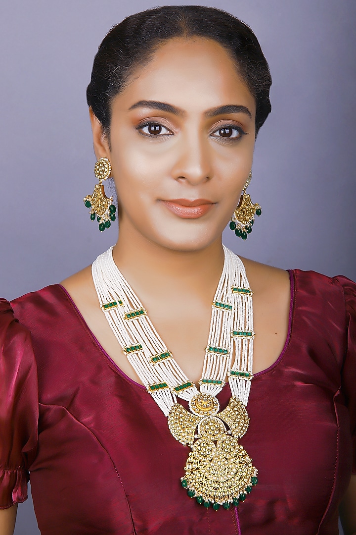 Gold Finish Emerald Green Kundan Polki Long Necklace Set by Just Jewellery at Pernia's Pop Up Shop