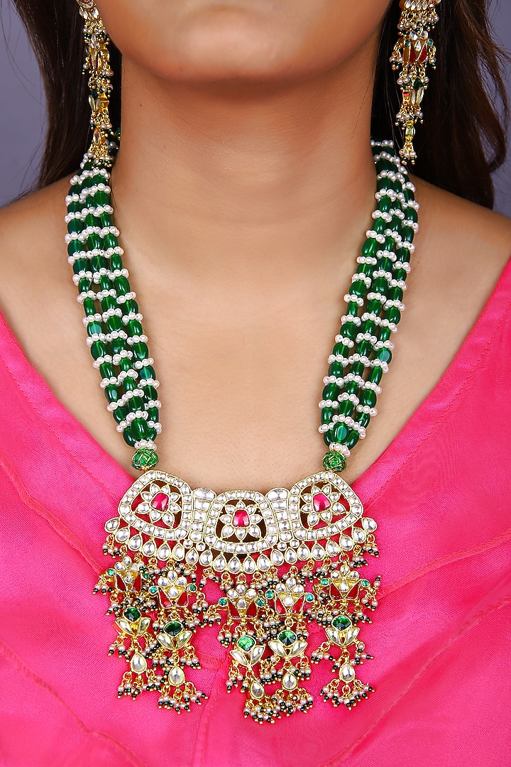 Gold Finish Emerald Green Kundan Polki Long Necklace Set by Just Jewellery at Pernia's Pop Up Shop