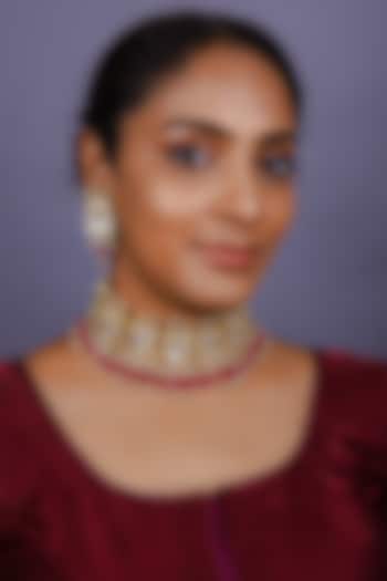 Gold Finish Red Kundan Polki Choker Necklace Set by Just Jewellery at Pernia's Pop Up Shop