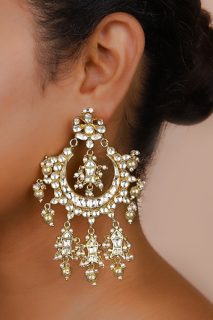 Gold Finish Kundan Polki Chandbali Earrings by Just Jewellery at Pernia's Pop Up Shop