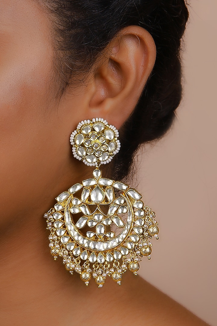 Gold Finish Kundan Polki Chandbali Earrings by Just Jewellery at Pernia's Pop Up Shop