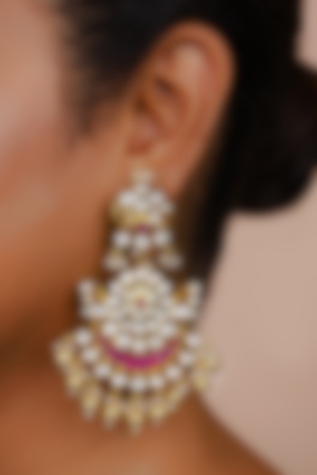 Gold Finish Pink Kundan Polki Chandbali Earrings by Just Jewellery at Pernia's Pop Up Shop