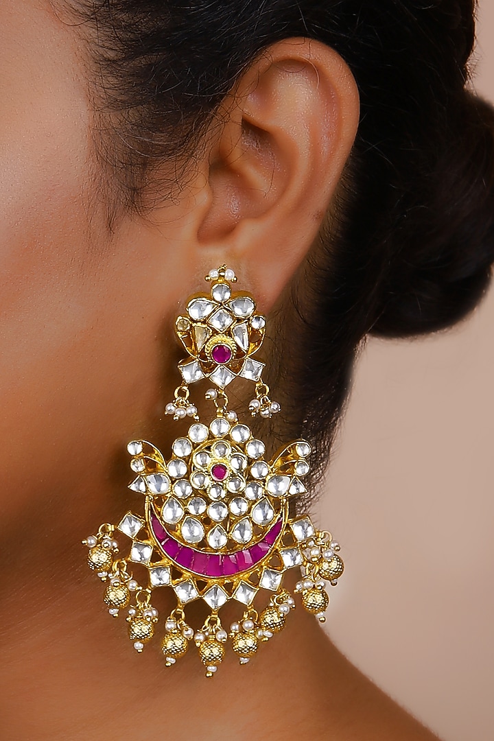 Gold Finish Pink Kundan Polki Chandbali Earrings by Just Jewellery at Pernia's Pop Up Shop