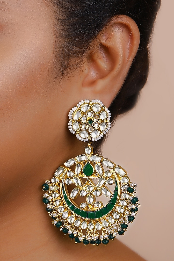 Gold Finish Green Kundan Polki Chandbali Earrings by Just Jewellery at Pernia's Pop Up Shop