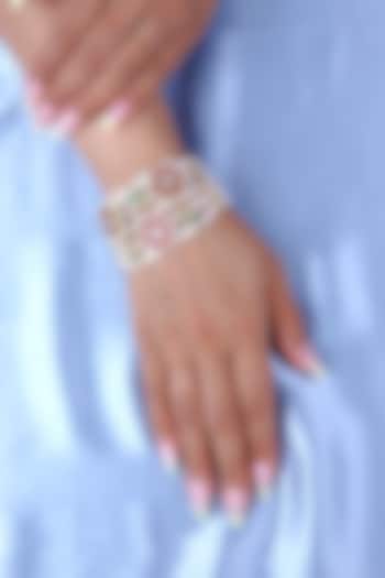 Gold Finish Red Kundan Polki & Pearl Bracelet by Just Jewellery at Pernia's Pop Up Shop