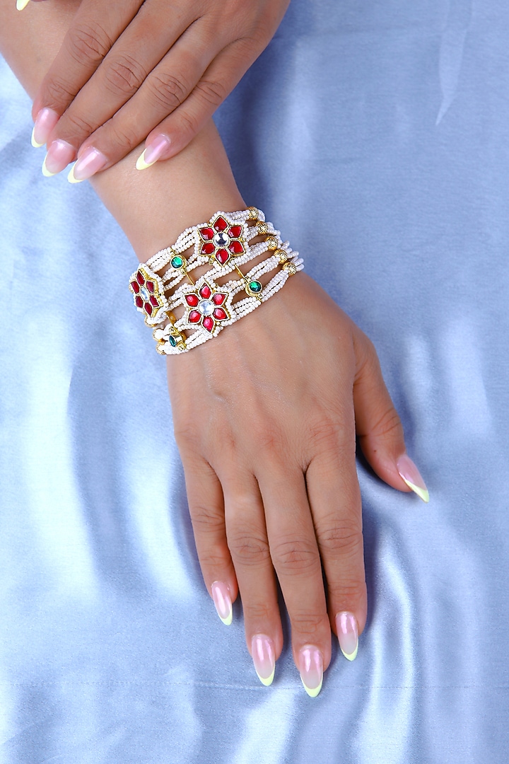 Gold Finish Red Kundan Polki & Pearl Bracelet by Just Jewellery at Pernia's Pop Up Shop